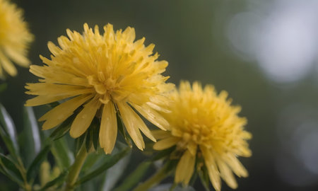 Close up of yellow dandelion flower with green leaves background.の写真素材