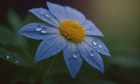 water drops on a blue flower in the morning dew close upの写真素材