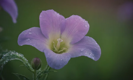 Purple flower with water drops on the petals and green backgroundの写真素材
