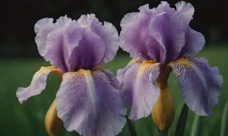 Purple iris flowers on a branch with green leavesの写真素材