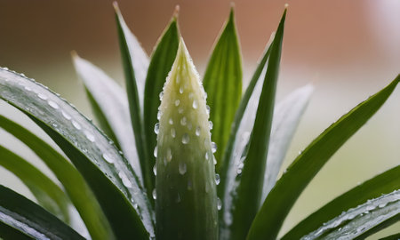 close up of green leaf with water droplets in the morning.の写真素材
