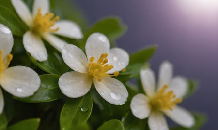 Close up of white wood anemone flowers with water dropletsの写真素材