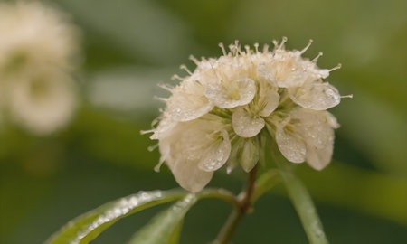 White flowers with raindrops on a green background. Close-up.
