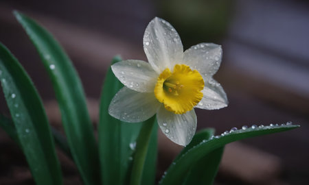 Daffodil flower with water droplets on the petalsの写真素材