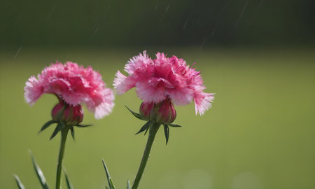 pink carnation flowers in the rain, closeup of photoの写真素材