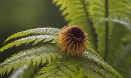 Close up of a yellow flower on a fern with water drops
