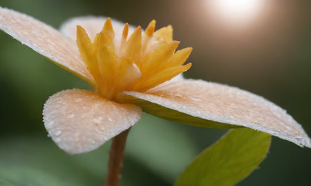 Macro of a small yellow flower with water droplets on itの写真素材