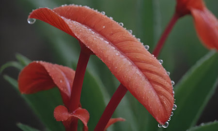 Rain drops on a red lily flower. Shallow depth of field.