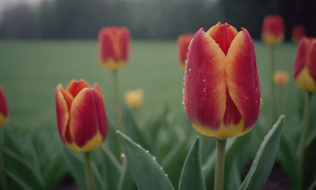 tulips. a bulbous spring-flowering plant of the lily family, with boldly colored cup-shaped flowers.の写真素材