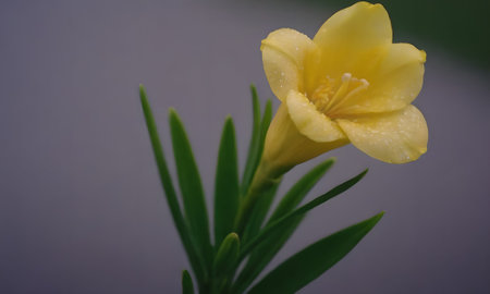 Yellow oleander flower with water droplets on petals.