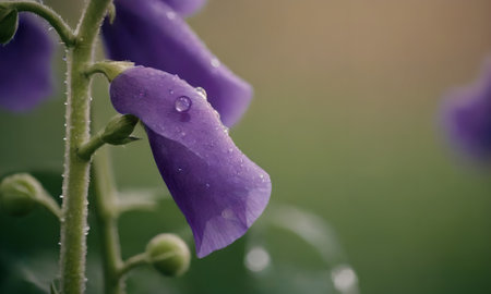 Close up of a purple flower with water droplets on it.