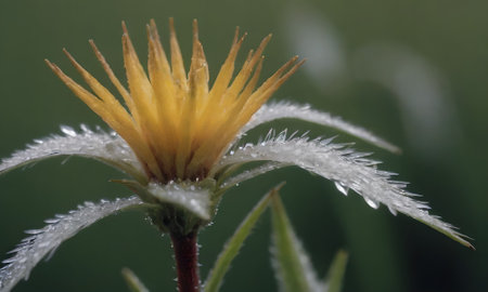 Close up of a yellow flower on a green background with water dropletsの写真素材