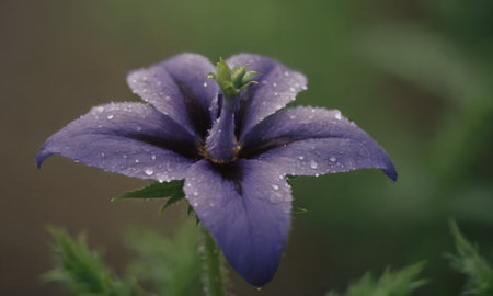 Purple flower with dew drops on the petals after rain