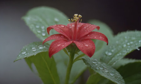 Red flower with raindrops on the petals and green leaves.の写真素材