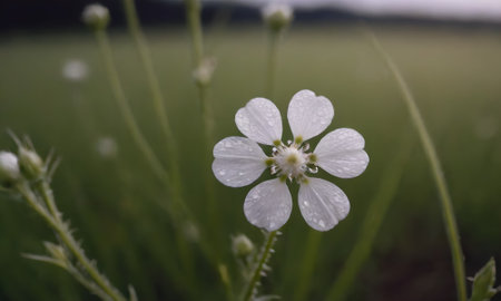 White wild flower on a meadow with dew drops close upの写真素材