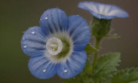 Blue flower of Veronica chamaedrys with drops of dew