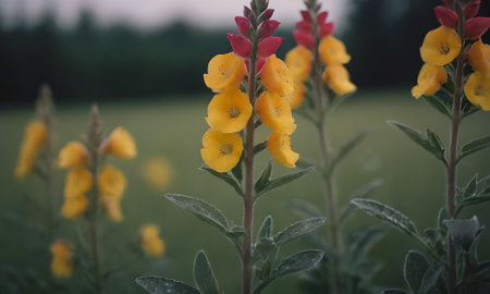 Yellow and red flowers in the meadow. Selective focus.の写真素材