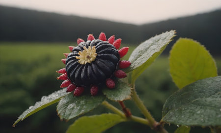 Blackberry on the bush with dew drops after the rain.の写真素材