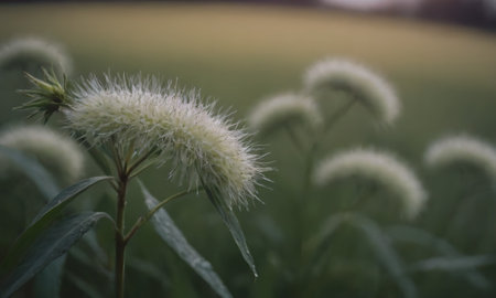 Close-up of white flowers in a meadow at sunset.