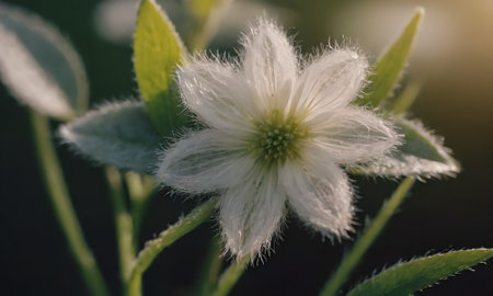 Flower of a bush with white petals and green leaves.
