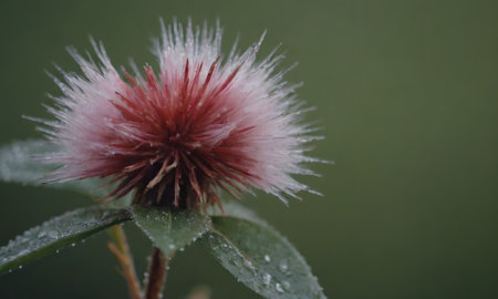 A closeup of a red flower with dew on it.の写真素材