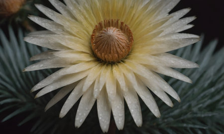 Close up of white flower with water droplets on petals.の写真素材
