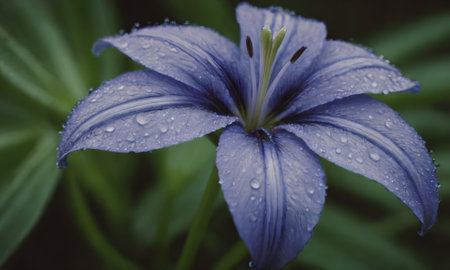 Beautiful purple lily flower with dew drops on petalsの写真素材