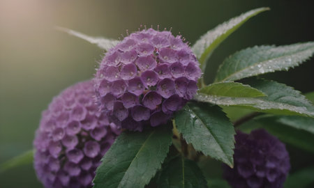 Purple Hydrangea macrophylla flower with dew dropsの写真素材