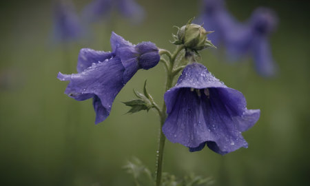 Blue bellflowers with water drops on a green meadow.の写真素材