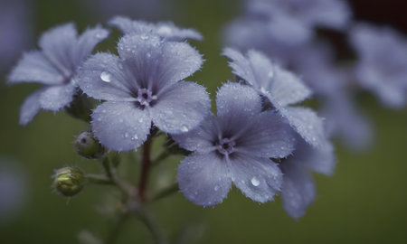 Water drops on a blue flower. Shallow depth of field.の写真素材
