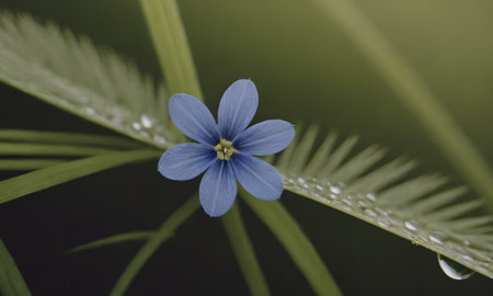 Blue flower with dew drops on a green background, close-up