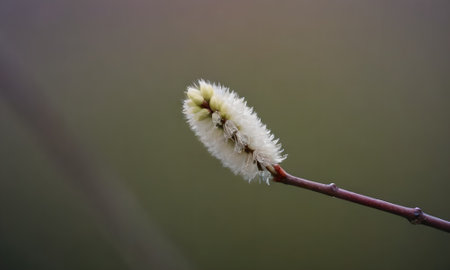 Pussy-willow branch on a background of green foliage.