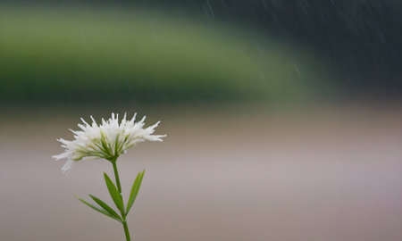 White flower in the rain with blurred background, shallow depth of field