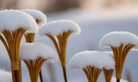 Close-up of snow covered Golden Needle Mushroom (Sagellaria alba)の写真素材