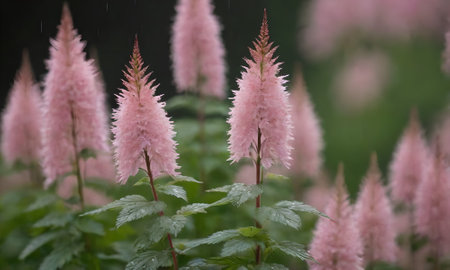 pink flowers in the rain, closeup of photo with shallow depth of fieldの写真素材
