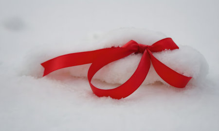 Red ribbon on white snow with copy space. Shallow depth of field.の写真素材