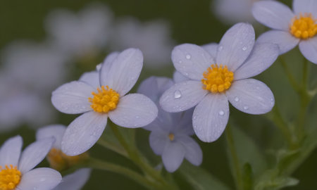 Macro of small white flowers with water droplets on petalsの写真素材