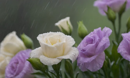 rain drops on purple and white eustoma flowers with green leavesの写真素材