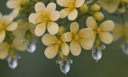 Close-up of yellow flowers with water droplets on green backgroundの写真素材