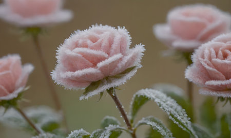 Pink roses covered with hoarfrost in a garden in winter.の写真素材