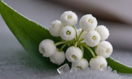 Lily of the valley on a white background with ice crystals.の写真素材