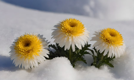 Chrysanthemum flowers in the snow on a sunny dayの写真素材
