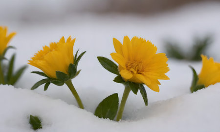 Calendula officinalis in the snow, close-upの写真素材