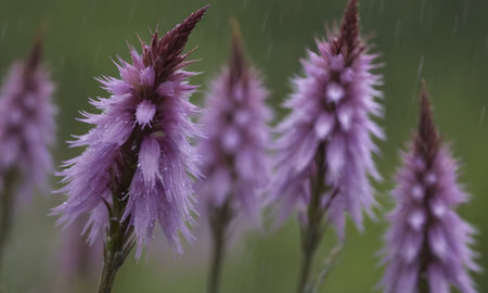 Purple flowers in the rain. Shallow depth of field.の写真素材