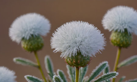 Frosted thistle flowers in the morning. Close up.