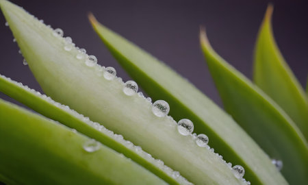 Aloe vera plant with dew drops close-up macro photographyの写真素材