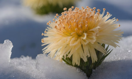 Close-up of a yellow aster flower in the snow on a sunny dayの写真素材