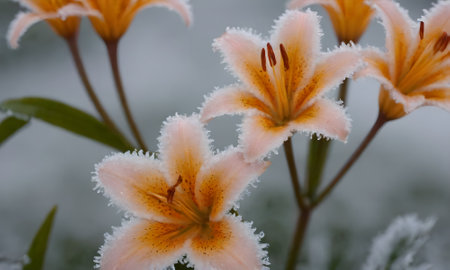 Lily flowers covered with hoarfrost in the early morning.の写真素材