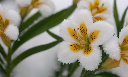 Flower of a lily in the snow, close-upの写真素材
