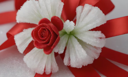 Red rose with red ribbon and snow on white background, close upの写真素材